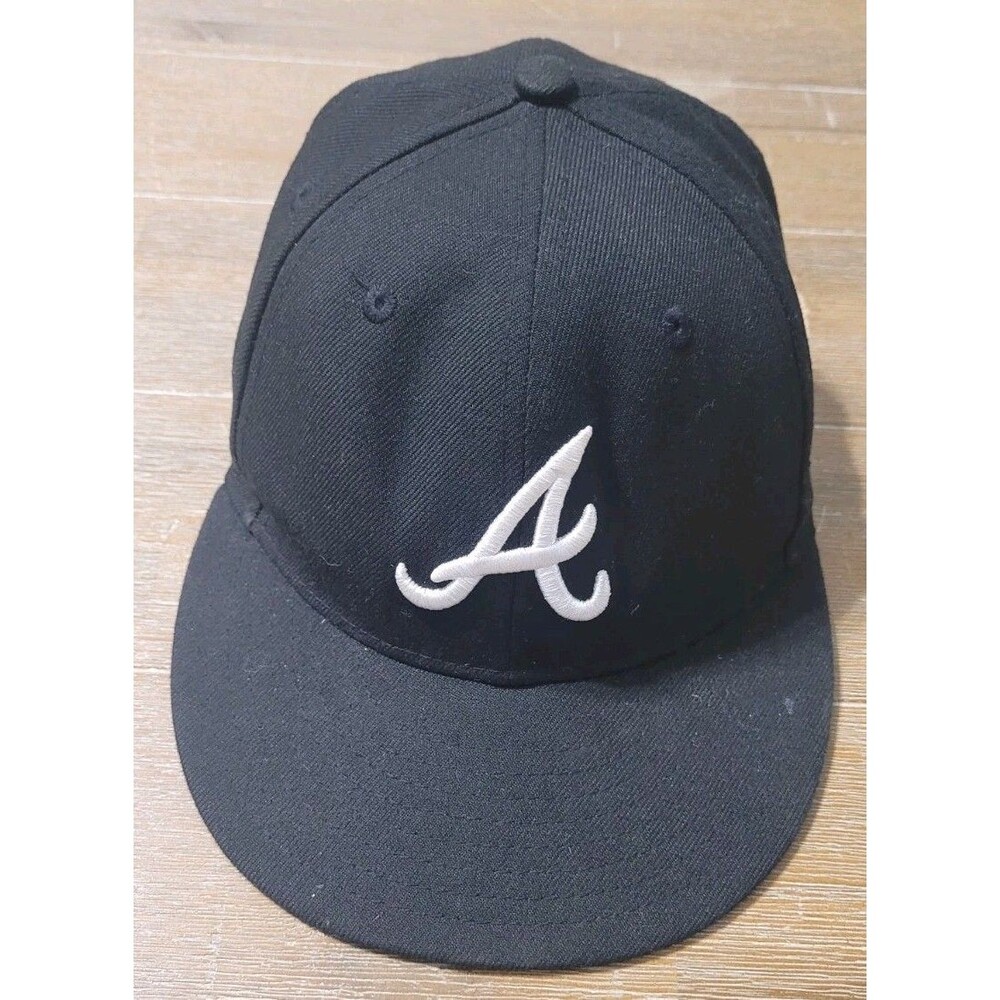 Atlanta Braves Baseball Cap Fitted Hat Sz 7 New Era MLB 59Fifty Black White Logo
